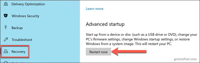 Ponovno pokretanje u izborniku Windows Advanced Startup options