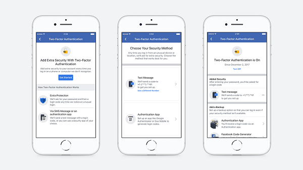 Facebook je pojednostavio tijek postavljanja koji omogućava korisnicima uspostavljanje dvofaktorske autorizacije i eliminirao potrebu za registracijom telefonskog broja radi osiguranja računa.