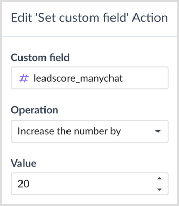 Odaberite operaciju i vrijednost u dijaloškom okviru akcije "Uredi prilagođeno polje" u ManyChatu.
