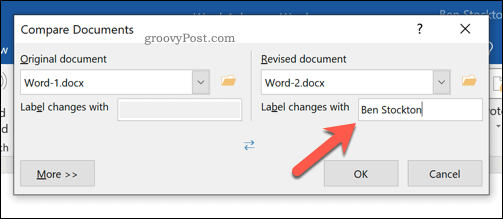 Postavljanje oznake za revidirane promjene u alatu za usporedbu dokumenata Word