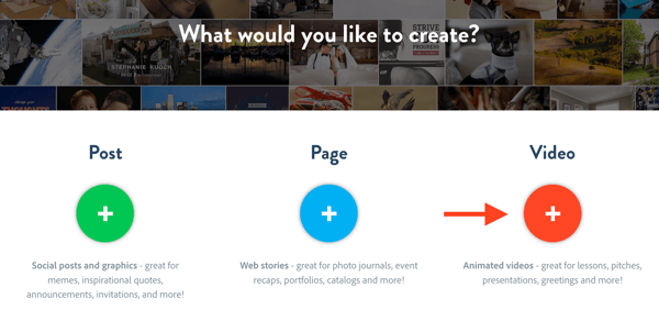 Da biste stvorili novi video projekt u programu Adobe Spark, kliknite Video.