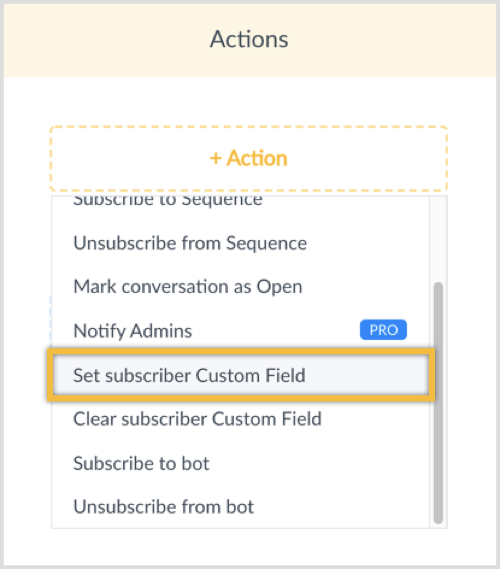 Kliknite gumb + Akcija i odaberite Postavi prilagođeno polje pretplatnika.