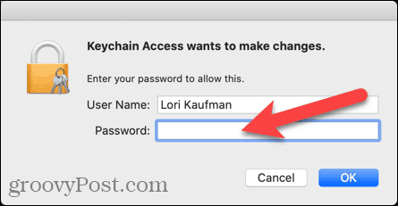 Unesite korisničko ime i lozinku za Keychain Access