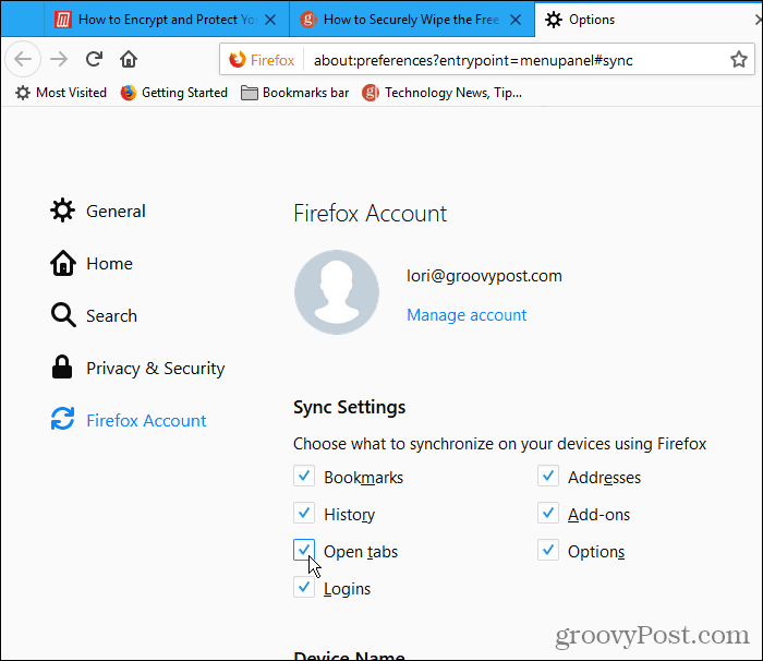 U prozoru Postavke sinkronizacije u Firefoxu za Windows provjerite Otvorene kartice