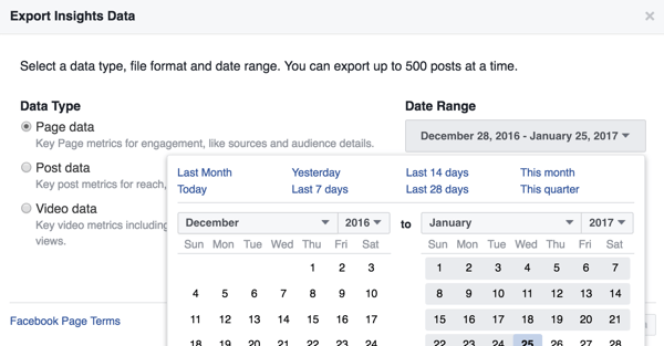 Možete promijeniti datumski raspon za podatke Facebook Insightsa koje preuzimate.