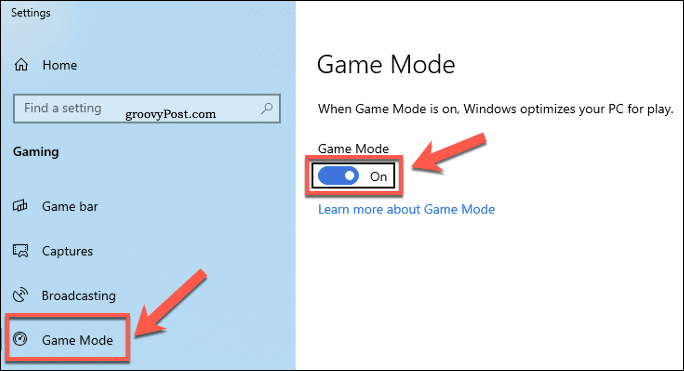 Izbornik načina rada igre Windows Settings