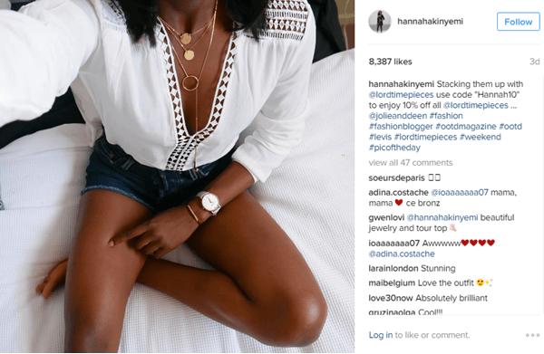 Model Hannah Akinyemi sadrži sat tvrtke Lord Timepieces, zajedno s kodom za popust na Instagramu.