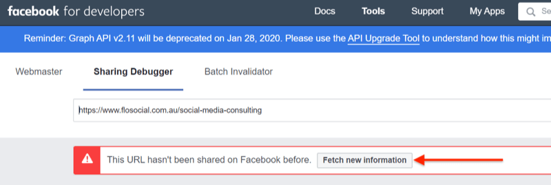 korak 2 o korištenju alata za uklanjanje pogrešaka Facebook Sharing
