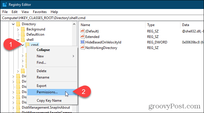 Desnom tipkom miša kliknite registarski ključ i odaberite Dozvole u uređivaču sustava Windows Registry