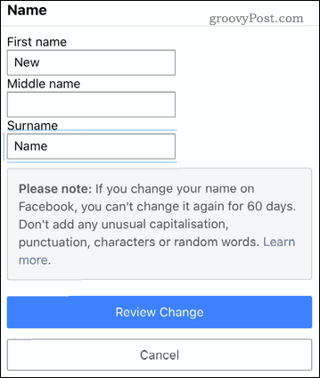 Uređivanje imena u Facebook mobilnoj aplikaciji
