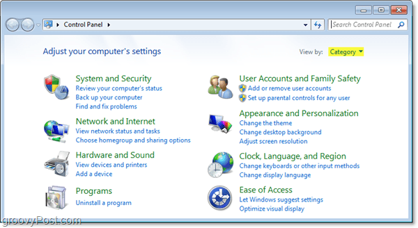 Windows 7 upravljačka ploča u prikazu kategorije