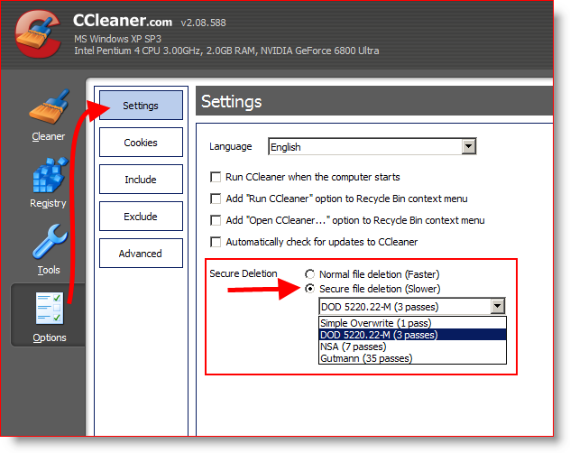 Konfigurirajte CCleaner za sigurno brisanje i brisanje datoteka 3 puta ili DOD 5220.22-M