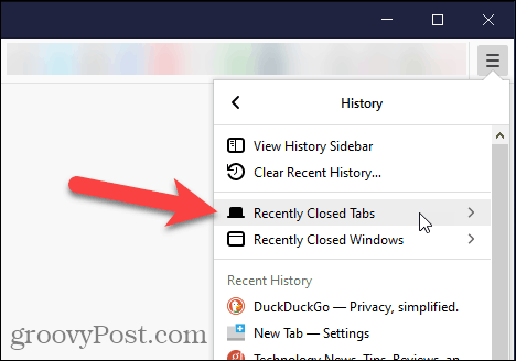 Odaberite Nedavno zatvorene kartice u Firefoxu