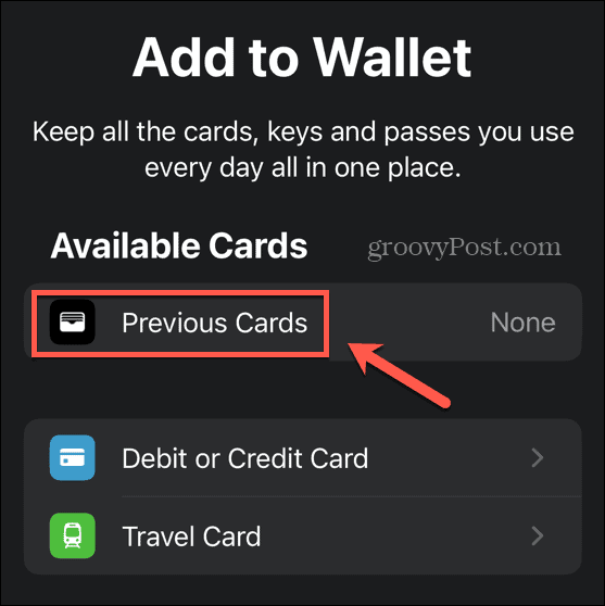 aplikacija novčanika prethodne kartice
