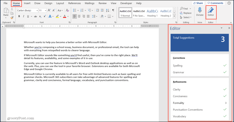 Gumb i bočna traka programa Microsoft Editor na Wordovoj radnoj površini