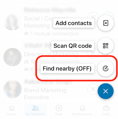 Opcija Pronađi u blizini u mobilnoj aplikaciji LinkedIn