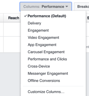 Kliknite padajući popis Stupci za opcije za promjenu stupaca koje vidite u Facebook Ads Manageru.