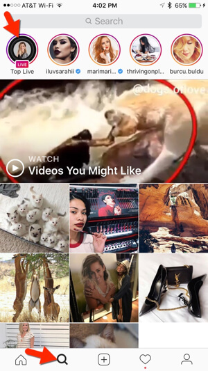 Instagram također sadrži aktualne videozapise uživo na kartici Istraživanje.