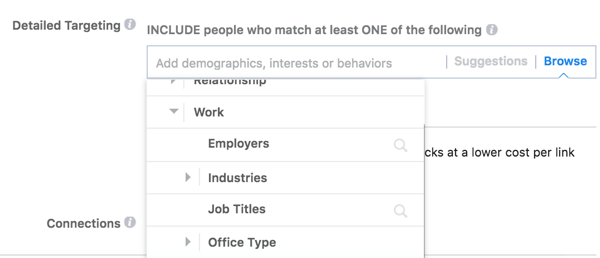 Facebook nudi detaljne opcije ciljanja na temelju rada vaše publike.