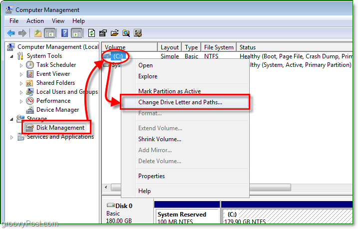 koristite značajku upravljanja diskom da biste otvorili dijalog za promjenu slova pogona u sustavu Windows 7