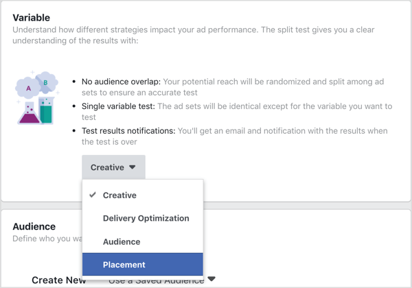 Odaberite Placement kao varijablu za testiranje s Facebook split testom