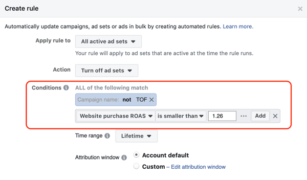 Koristite Facebook automatizirana pravila, zaustavite postavljanje oglasa kada ROAS padne ispod minimalnog, korak 3, postavke stanja