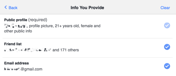 Možete dopustiti korisnicima da uskrate pristup određenim podacima Facebook profila.