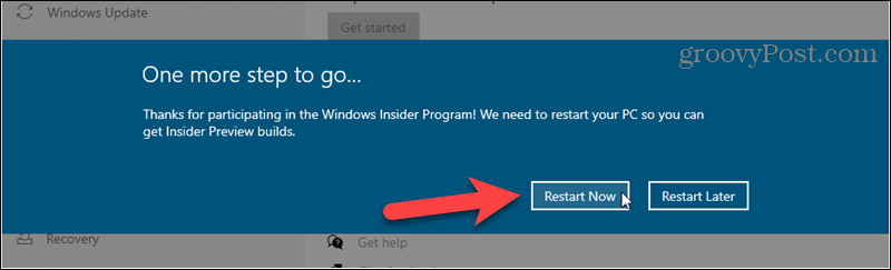 Ponovo pokrenite da biste dovršili prijavu za Windows Insider verzije