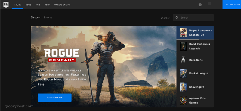 Snimak zaslona koji prikazuje web mjesto Epic Games Store
