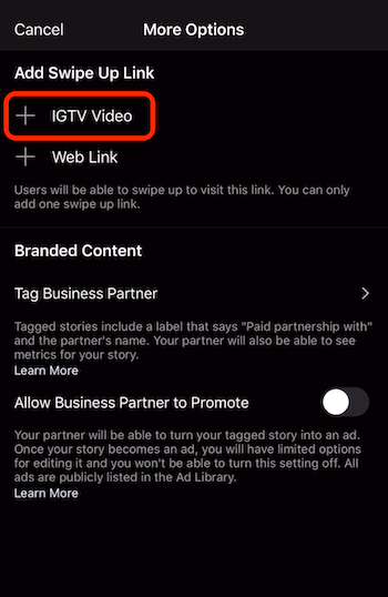 mogućnost dodavanja veze prijeđite prstom prema gore na IGTV video