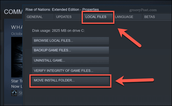 Gumb opcije Steam Move Install Install Folder