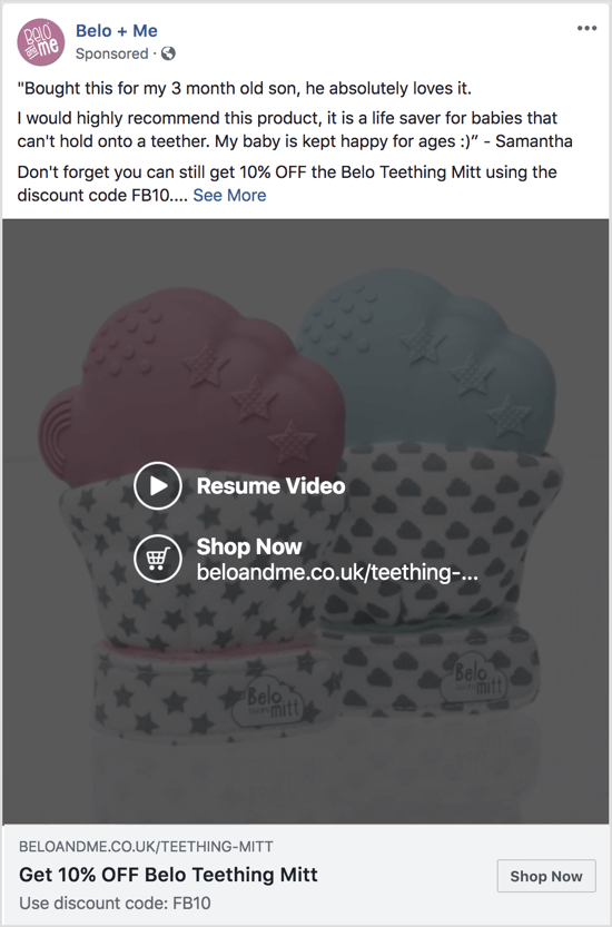 Ovaj Facebook oglas koristi prezentacijski videozapis za promociju popusta na određeni proizvod.
