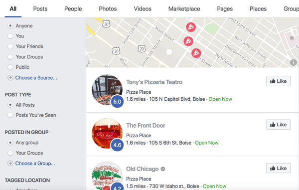 Facebook rezultat pretraživanja za pizzu.