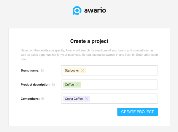Kako koristiti Awario za slušanje društvenih mreža, 1. korak stvorite projekt.