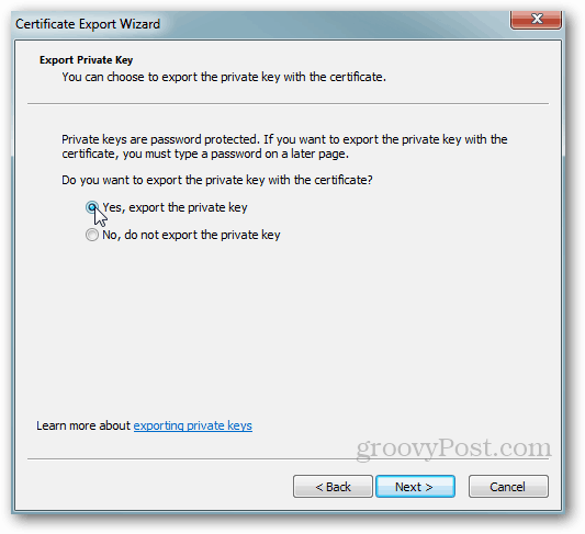 Windows izvoz certifikata - privatni ključ Da