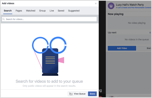 Odaberite izvor za dodavanje videozapisa u red čekanja za zabavu na Facebooku.