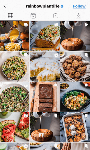 primjer snimke @rainbowplantlife instagram feeda koji prikazuje njihovu vegansku hranu u dubokim, bogatim tonovima