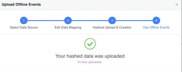 Ako su vaši raspršeni podaci preneseni uspješno, kliknite Gotovo da biste vidjeli svoje podatke o izvanmrežnoj konverziji na Facebooku.