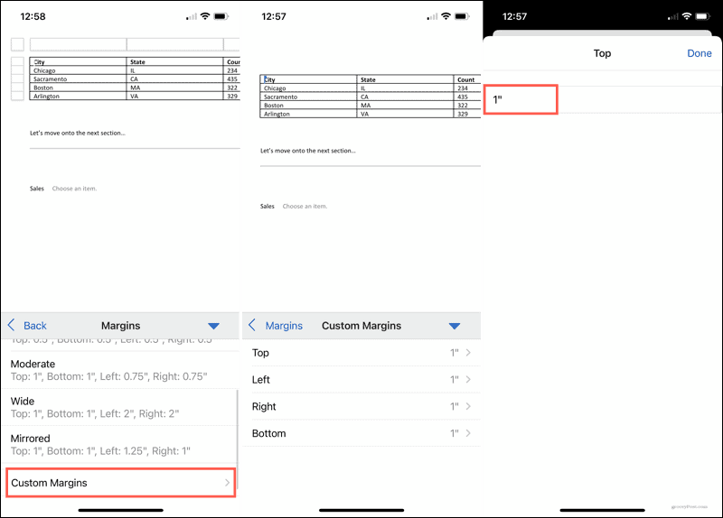 Prilagođene margine u programu Word na mobilnom uređaju