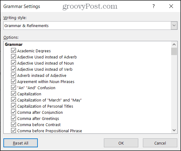 Postavke gramatike u programu Word na sustavu Windows