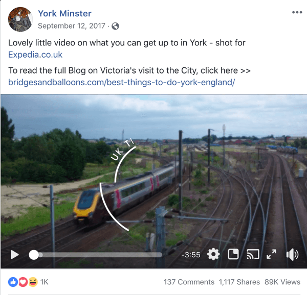 Primjer objave na Facebooku s turističkim informacijama iz York Minstera.
