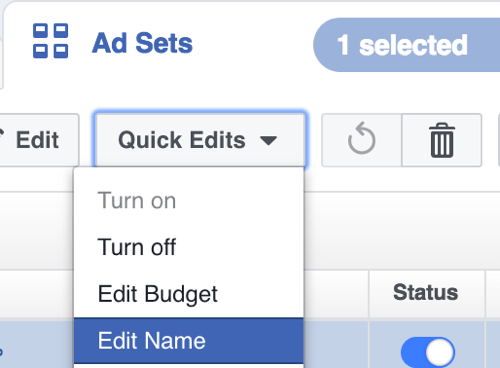 U Facebook Power Editoru odaberite Edit Name s padajućeg izbornika Quick Edits.