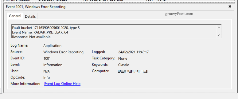 Primjer izvješća o pogrešci u sustavu Windows