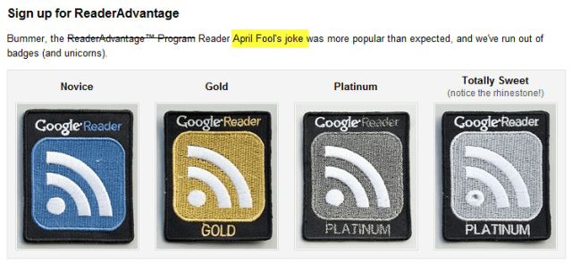Značka prednosti čitatelja Google Reader iz 2010. godine, budala
