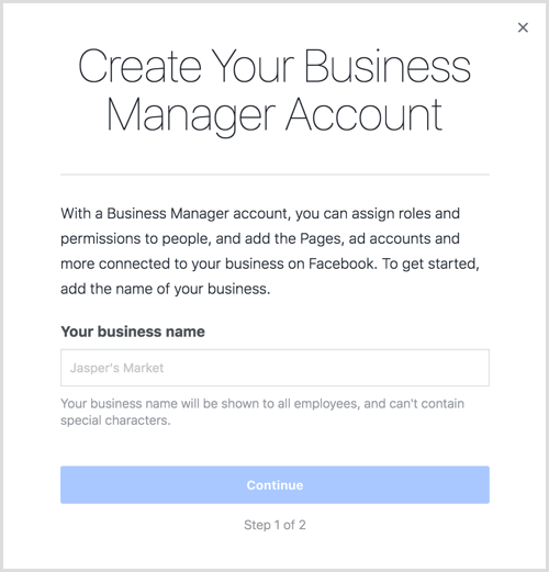 Unesite naziv svoje tvrtke da biste stvorili svoj račun Business Managera.