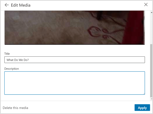 Dijaloški okvir Uređivanje medija koji se prikazuje prilikom povezivanja s videozapisom na vašem LinkedIn profilu