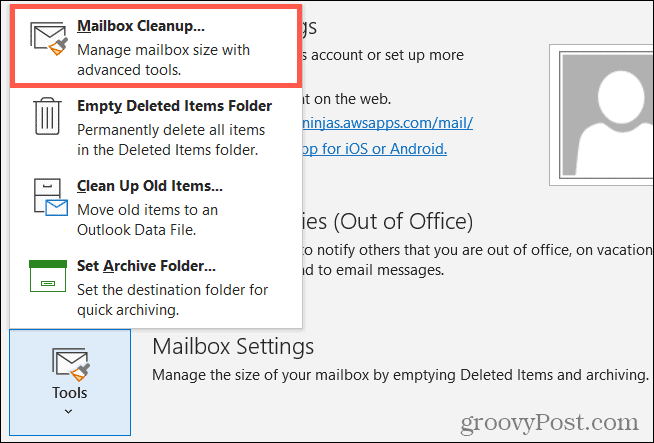 Alati, Čišćenje poštanskog sandučića u programu Outlook