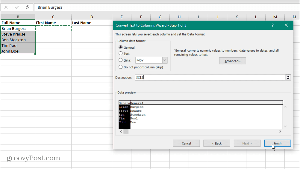 Odvojite nazive u Excelu