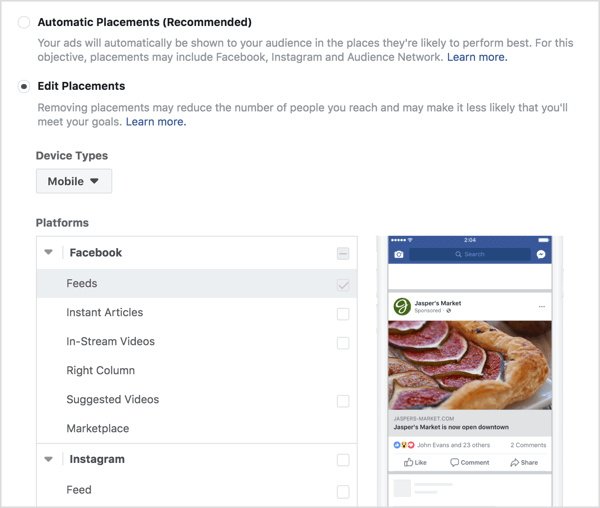 Odaberite položaje za oglas za angažman na Facebooku.