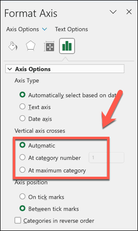 excel axis crosses options